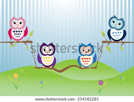 Eps 10 vector happy cute owls on tree branch in nature, light blue background and green grass, flowers. Funny colorful wallpaper, greeting card, postcard. Summer nature, animals, birds illustration.