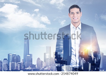 Double exposure of happy confident handsome business man in suit isolated on high city sky line with sunrise background. Corporate employee life style achievement concept