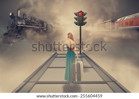 Sky station. Beautiful woman in green dress waiting old train platform of railway station. Dreamy foggy screen saver. Retro style vintage Instagram picture. Vacation voyage getaway adventure concept