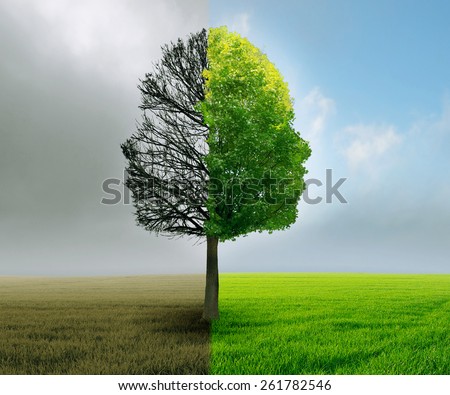 Human emotion and mood disorder tree shaped as two human faces with one half empty branches and opposite side full of leaves as medical metaphor for psychological contrast in feelings.