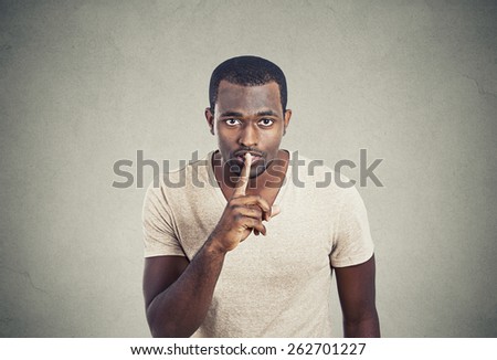 Man with finger on lips gesture keep quiet. Body language signs symbols