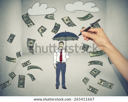 Sketch of a man under a money rain isolated on gray wall  background