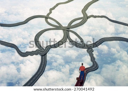 Social management and career manager business concept. Person standing on group of connected roads that are shaped as human face heads as symbol of public relations and managing people