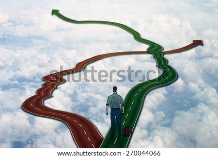 Career life choice concept. Social management business management. Person standing on two roads shaped as human face heads as symbol of public relations interaction decision making communication