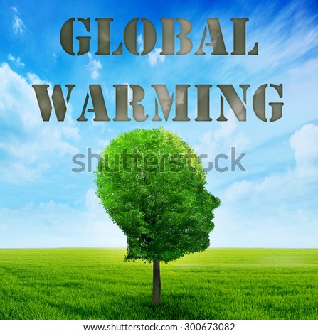 Climate Change Concept. Tree shaped as human face with gray cloud imprint of global warming above head