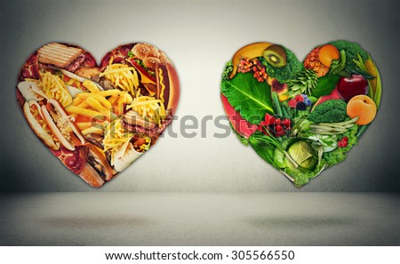Diet choice dilemma and heart health concept. Two hearts one shaped of green vegetables fruit and alternative one made of  fatty junk high calorie food. Heart disease and food medical health care