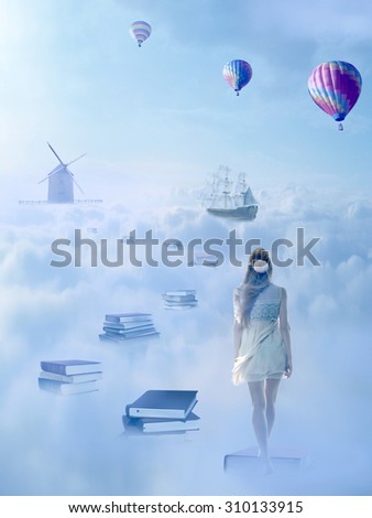 In search for knowledge concept. Fantasy world imaginary view. Woman walking down the book pass above clouds with windmill old ship in horizon. Life success of an educated person, human concept