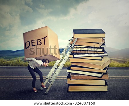 Student loan debt concept. Young woman with heavy box full of debt carrying it up the education ladder