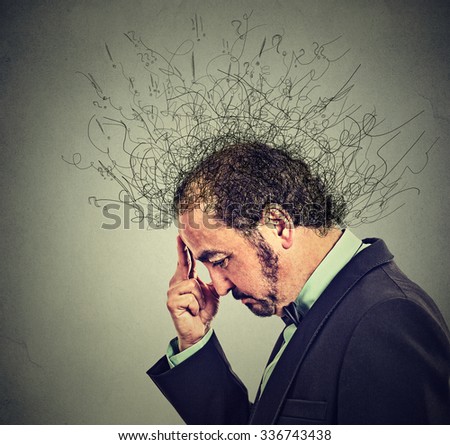 Closeup side profile worried middle aged man with worried stressed face expression and brain melting into lines question marks. Obsessive compulsive, adhd, anxiety disorders. Gray background