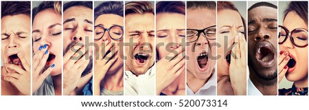 Multiethnic group of sleepy people women and men with wide open mouth yawning eyes closed looking bored. Lack of sleep laziness concept