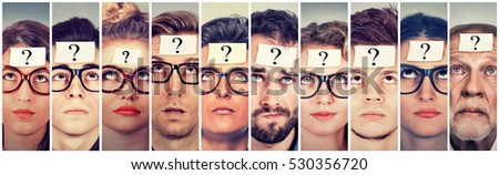 Multiethnic group of thinking people with question mark looking up