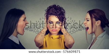 Two angry women screaming at peaceful girl covering her ears with hands ignoring them, alphabet letters coming out of mouth. Anger management emotional intelligence concept