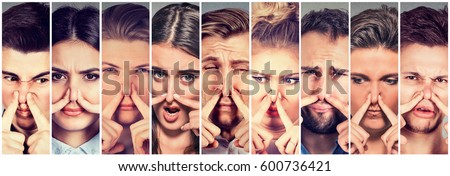 Group of young people men and women pinching nose with fingers look with disgust something stinks bad smell. Human face expression reaction
