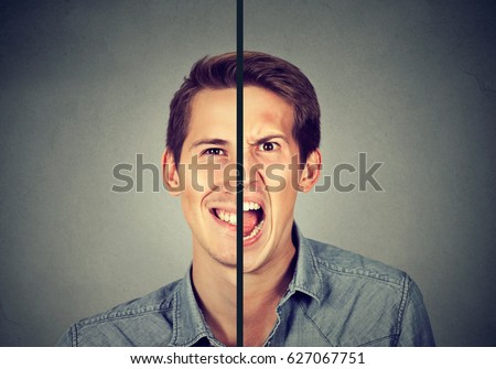 Bipolar disorder concept. Young man with double face expression isolated on gray background