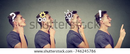 Emotional intelligence. Side view sequence of a man thoughtful, thinking, finding solution with gear mechanism, question, exclamation, lightbulb symbols. Human face expression