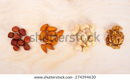 Mixed nuts. Four pile of nuts on a cutting board. Hazelnuts, almonds, cashews and walnuts.