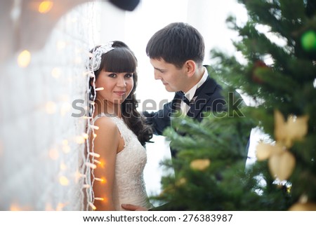 Newlyweds and a Christmas tree. The newlyweds decorate the Christmas tree. Bride and groom.