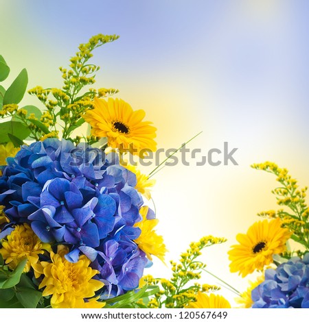 Bouquet From Blue Hydrangeas And Yellow Asters, A Flower Background