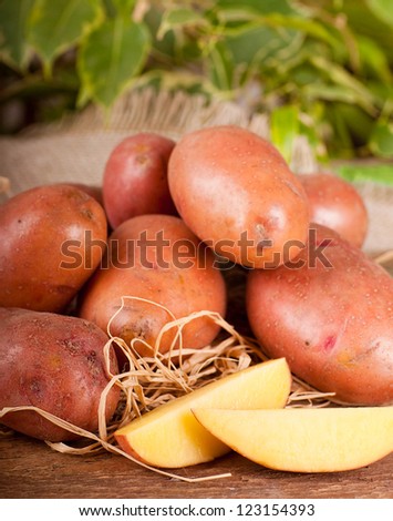 Crude potatoes on a bag, green leaves