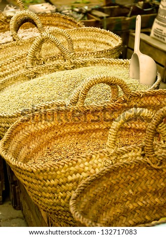 Cereal grain in yellow baskets in the markets of Morocco