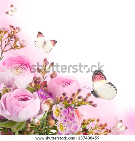 Gentle bouquet from pink roses and butterfly
