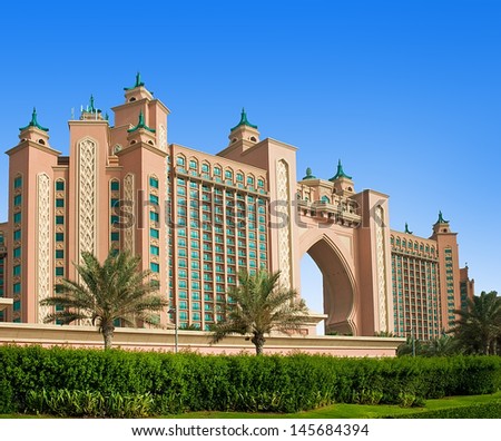 DUBAI - JUNE 3: The famous Atlantis hotel on the Palm Island on June 3, 2013 in Dubai. Opened in September, 2008. First hotel on the artificial island Palma Dzhumeyra about one of sights in Dubai