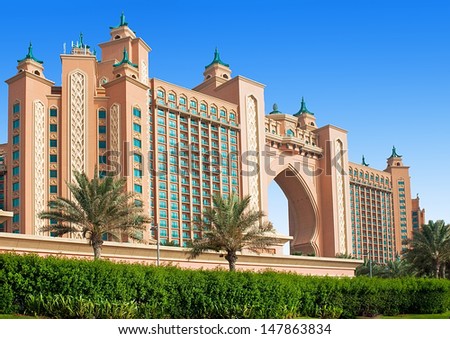 DUBAI - JUNE 3: The famous Atlantis hotel on the Palm Island on June 3, 2013 in Dubai. Opened in September, 2008 and there was the first hotel on the artificial island? ?ne of sights in Dubai