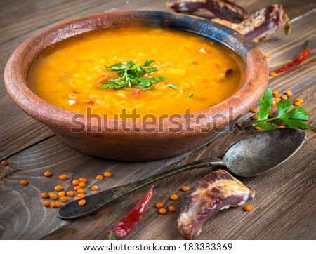 Soup of bulgur and lentils with smoked lamb ribs