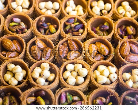 Eastern sweets in a wide range, baklava, Turkish delight.