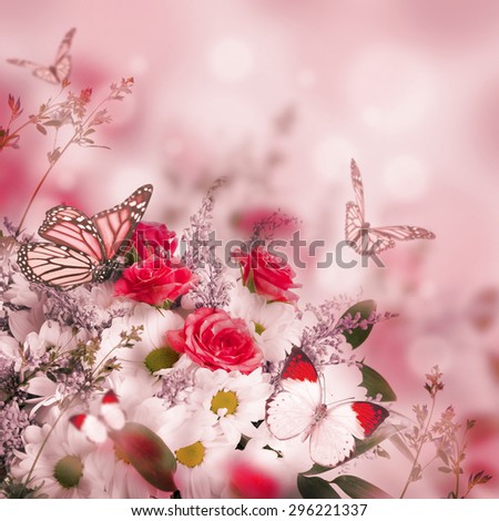 Bouquet of delicate roses and butterfly, floral background