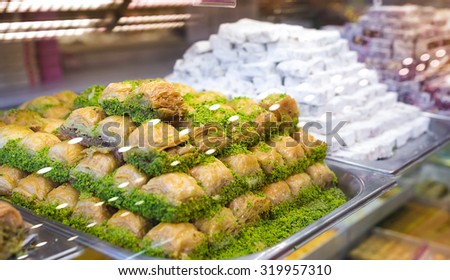 Eastern sweets in a wide range, baklava, Turkish delight.