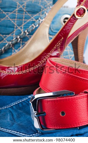 Red belt and shoes, a jeans bag and a skirt