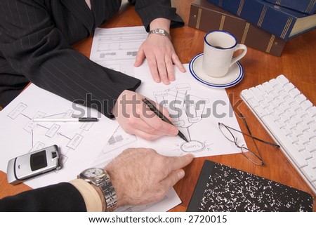 Businessman and businesswoman planning growth strategies on a table with business tools
