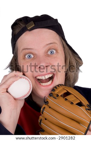 Happy female baseball fan with baseball hat,glove,mitt and t-shirt