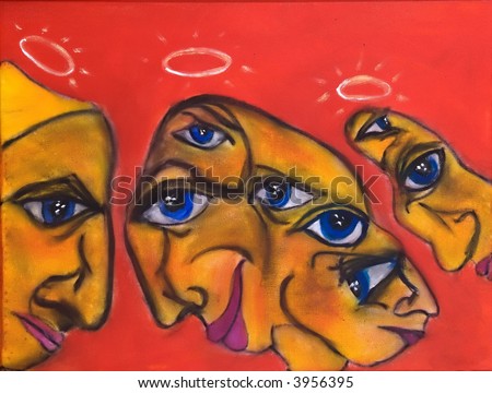 This is a photo of an abstract acrylic painting (an illustration) three angels.