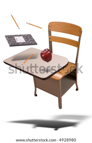 School desk with book, pencils and an apple floating and isolated over a white background