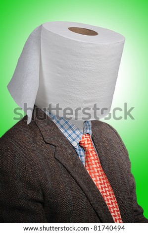 Toilet paper head man, with a tweed coat and an orange tie over a green background