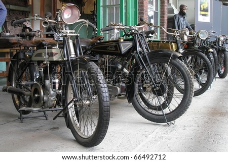 BRUSSELS, BELGIUM - MAY 10: Exhibition of early motorcycles in AUTOWORLD museum on May 10, 2007 in Brussels. The collection shows motorcycles from the era, when functionality gets useful level.