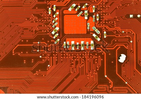 Close up of red computer circuit board