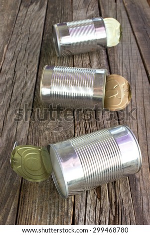 Open empty tin can on wooden background