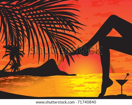 Vector tropical beach sunset with palms, island, girls legs and cocktail - raster version of vector 68734606