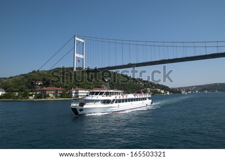 Transport on and under (Bosphorus Bridge), Istanbul, Turkey. istanbul bridge is a first suspension bridge over the Bosphorus Strait.
