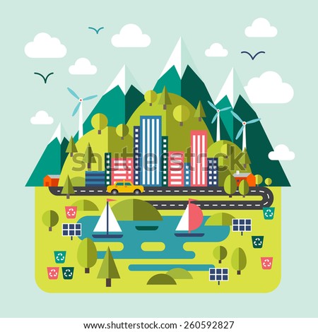 Mountain landscape nature, river, environmentally friendly cities. Flat style vector