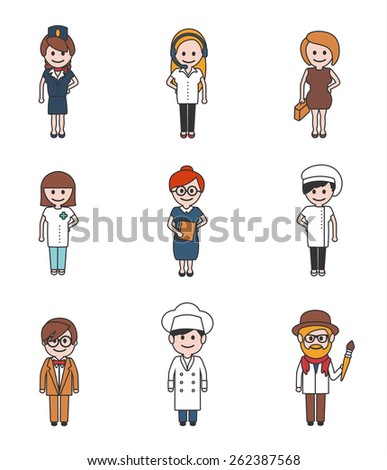 Profession people and avatars collection. Cartoon different characters and different clothes. Flat style design vector.