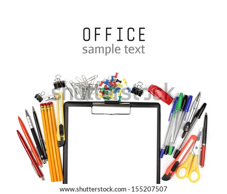 Colorful office supplies and empty clipboard isolated on white background