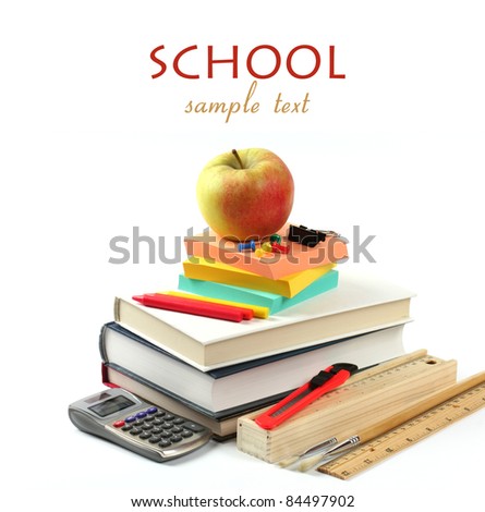 School supplies : books, calculator, apple, pencil case on white background. Back to school concept