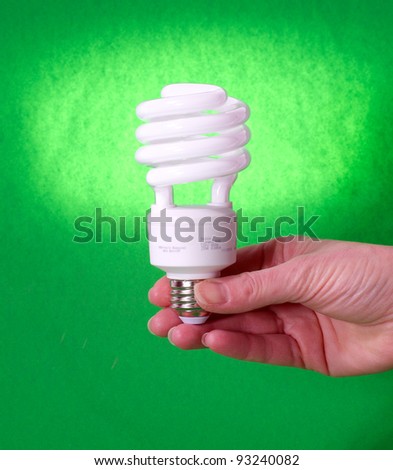 Closeup of a compact fluorescent bulb against a green background