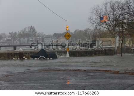 BRONX, NY - OCTOBER 29: Hurricane Sandy begins it\'s wrath and starts going over the sea wall in Bronx, NY, U.S., on Monday, October 29, 2012.