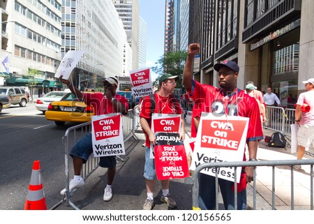 NEW YORK - AUG 12: Verizon Workers, members of the CWA union, strike in front of the headquarters offices in Manhattan on August 12, 2011.