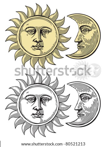 Vector Illustration Of Moon And Sun With Faces - 80521213 : Shutterstock